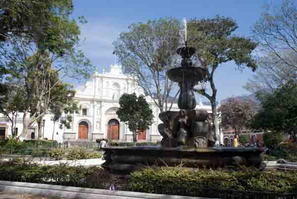 One of the fountains in the public square in Antigua, Guatemala